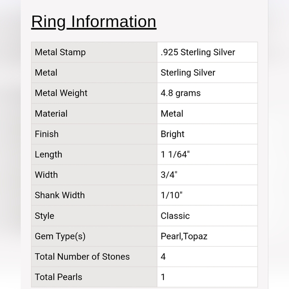 🎁NWT Sterling Silver Genuine Cultured FreshWater White Pearl & Round Topaz Ring - Picture 8 of 12